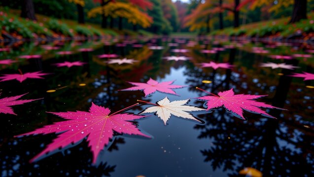 Autumn leaves floating on calm pond water