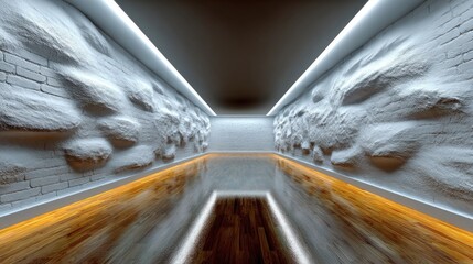 Modern Abstract Hallway with Textured Walls and Polished Wooden Floor