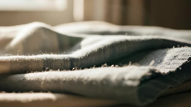 Close-up of textured fabric with soft natural lighting highlighting the detailed weave and gentle folds of the material