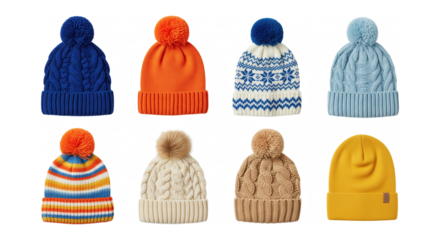 Colorful knitted winter hats isolated on transparent background