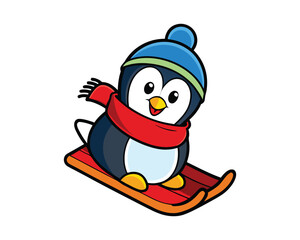 cute penguin sledding in snow colorful cartoon vector illustration design