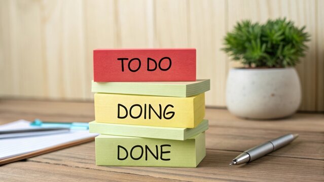 Colorful task blocks for organization and productivity on a wooden desk with stationery and a small plant in the background
