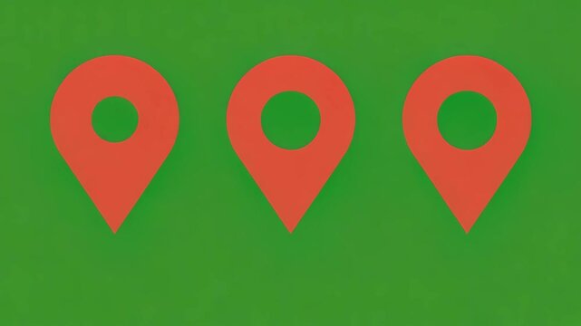 Three red map pins in a row on a green background location marker