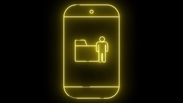 Glowing yellow outline of a smartphone with a folder and person icon on a black background