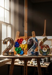 Artist Palette New Year Setup - 3D render of the year 2026 with a painter's palette, symbolising artistic expression, creativity, and the beginning of a new year