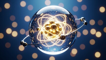 Atomic model in glass sphere with glowing orbits and bokeh background