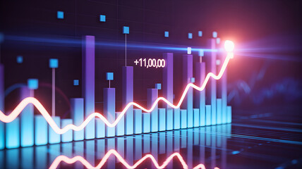 Futuristic business graph with an increasing bar chart and a glowing line indicating positive financial performance and success