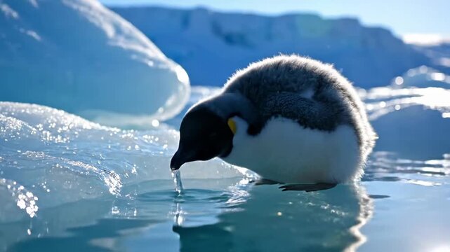 Emperor Penguin Chick Drinking Water in Arctic Cold Wilderness