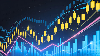 Financial market analysis with candlestick charts and moving averages on a blue background, representing stock trading and investment growth
