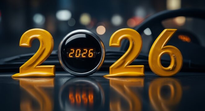 Display of the Year Two Thousand Twenty Six with Taxi Meter - The numbers 2026 are displayed with a round taxi meter.