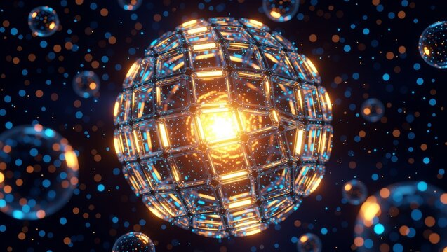 Glowing geometric sphere with illuminated cubes and floating bubbles