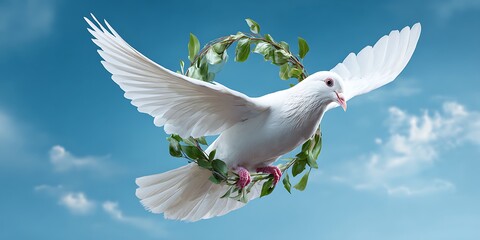 A white dove flying with a wreath of green leaves against a blue sky with white clouds background