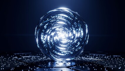 Glowing digital sphere with spiral light pattern