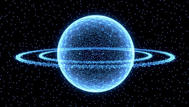 Glowing blue planet with rings in space