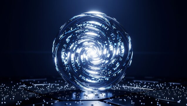 Glowing digital sphere with spiral light pattern - Powered by Adobe