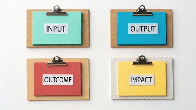 Colorful Clipboards Displaying Input, Output, Outcome, and Impact Concepts in a Business Environment for Effective Communication
