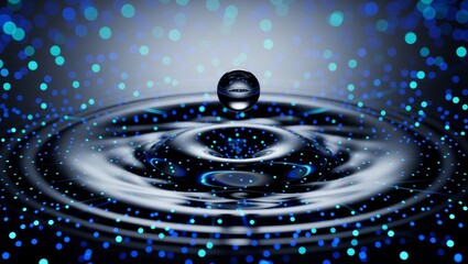 Water droplet creating ripples with blue particles