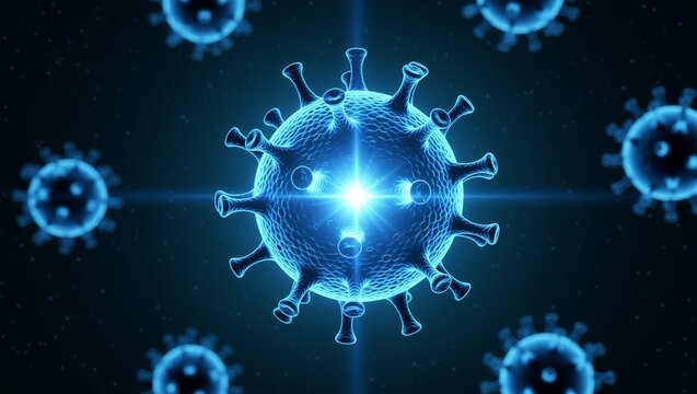 Glowing virus particles with blue spikes