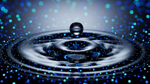 Water droplet creating ripples with blue particles