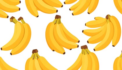 A flat-lay seamless pattern showcasing bright yellow fruit bunches with brown stems, spread across a crisp, white background