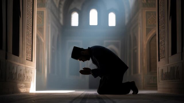 Silhouette of a Man Praying in a Mosque