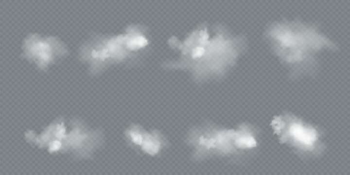 Transparent vector smoke and cloud set. Realistic fire smoke, white fluffy cloud, fog wave, and chimney smoke with overlay effect. Ideal for weather illustration, sky backgrounds