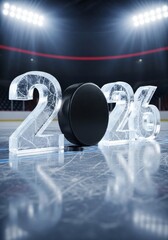 Hockey Season in Twenty Twenty Six - Concept symbolizing the 2026 hockey season. Featuring ice numerals and a hockey puck on the rink, under the bright lights of the arena.