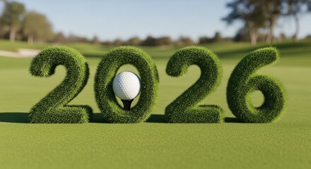 Golf in Twenty Twenty Six - The year 2026 fashioned from grass, with a golf ball in the zero symbolizes growth, precision, challenge, opportunity, and a bright future on the green