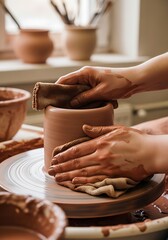 Potter shaping clay vessel on spinning wheel in cozy workshop setting