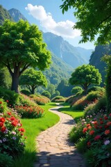 Obraz premium Tranquil Garden Paradise Lush Greenery, Vibrant Blooms, and Elegant Pathways Create a Breathtaking Landscape of Serene Natural Beauty