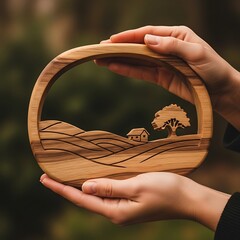 Rustic wooden diorama featuring house and tree in delicate hand's grasp