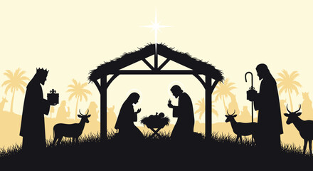 Silhouette illustration of the holy nativity scene with Mary, Joseph, baby Jesus, Three Kings, a shepherd, animals, and the star of Bethlehem.