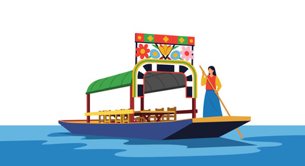 A woman guides a vibrantly decorated traditional Mexican boat, possibly a trajinera, adorned with colorful floral motifs, across serene blue waters.