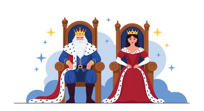 A wise old king and a beautiful queen proudly sit on their ornate thrones, representing monarchy and royal power.