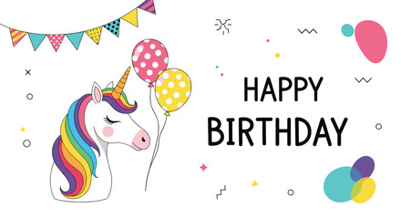 A festive birthday card design featuring a cute unicorn with a colorful rainbow mane, polka-dot balloons, and various joyful party decorations.