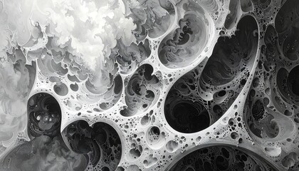 A grayscale fractal with intricate cellular structures and swirling patterns, giving an ethereal and organic appearance
