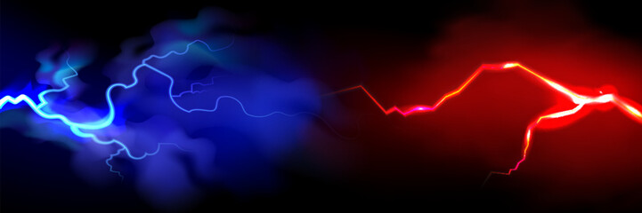 Versus banner. Lightning strikes. Confrontation template, vs battle or fight concept. Red and blue colors. Flash light thunderbolt spark. Realistic transparent neon light.