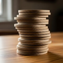 Stack of Round Cork Coasters on Wooden Surface, Close-Up Studio Shot