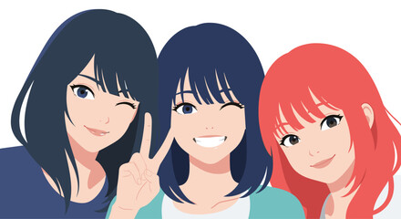 A heartwarming illustration of three young female friends with varying hair colors posing happily, celebrating their friendship.