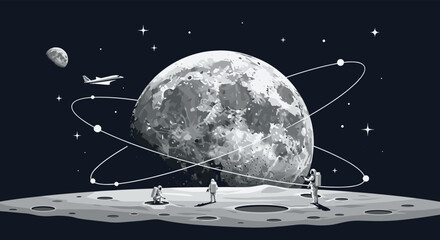 Pixel art illustration of astronauts exploring a cratered moon surface under a giant moon with orbiting elements and a space plane.