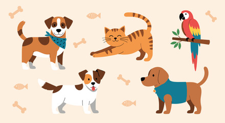 A cheerful illustration featuring various popular pets including playful dogs, a stretching cat, and a vibrant parrot on a branch.