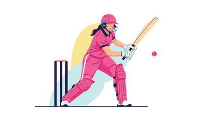 A determined female cricketer in full pink batting gear, including helmet, pads, and gloves, swings her bat to strike a bright pink ball near the stumps.
