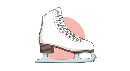 A crisp vector illustration of a classic white figure ice skate with brown heel and a steel blade, highlighted against a subtle pink background.