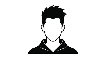Simple black and white vector illustration of a faceless man wearing a hoodie and having spiky hair, often used as a user icon or avatar.