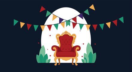 A lavish red and gold throne with ornate details is presented under a white arch, adorned with colorful festive bunting, perfect for a celebration.