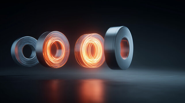 Energetic glowing rings with metallic elements, abstract technology