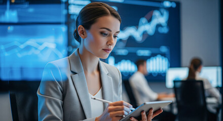 Professional female analyst uses a digital tablet in a high-tech control room with data screens