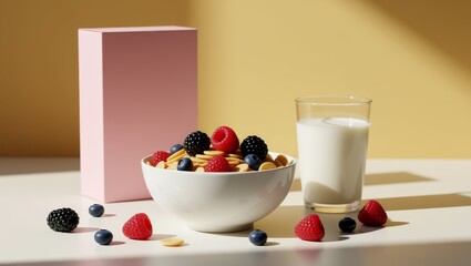 Cereal bowl with berries and milk glass