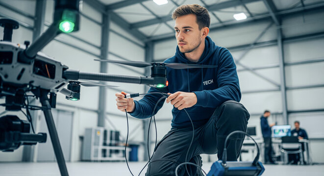 Male engineer connecting cables to industrial drone during diagnostic setup in hangar