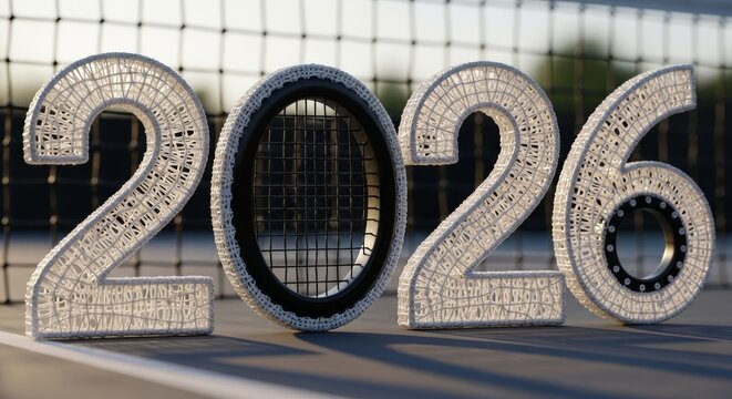 Tennis Racket Grommet 2026 Date on Court - Decorative 2026 display on tennis court. Tennis racket symbolizes sport. Numbers symbolize year. Background symbolizes competition. Court symbolizes game.